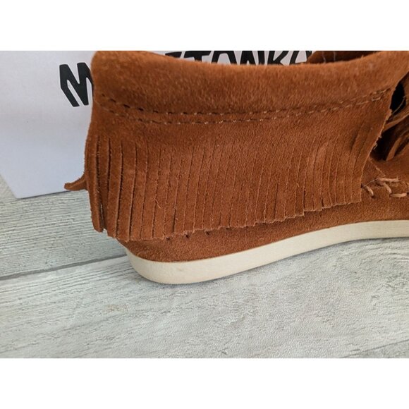 Minnetonka Womens Suede Moccasin Boots  Fringe Size 7 Cinnamon Brown Soft Sole - Picture 4 of 6